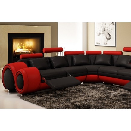 Canapé d'angle en cuir italien 7 places EXCELIA, noir et rouge, angle gauche, avec 2 poufs offerts