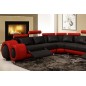 Canapé d'angle en cuir italien 7 places EXCELIA, noir et rouge, angle gauche, avec 2 poufs offerts