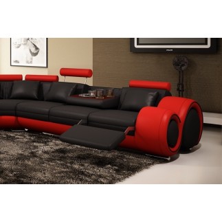 Canapé d'angle en cuir italien 7 places EXCELIA, noir et rouge, angle gauche, avec 2 poufs offerts