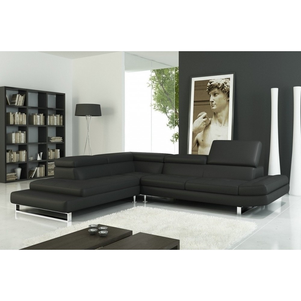 Canapé d'angle en cuir italien 5/6 places Grand CITY, noir, angle gauche