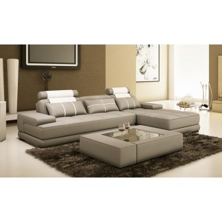Canapé d'angle en 100% TOUT cuir italien 5 places ELIXA, gris clair et blanc, angle droit