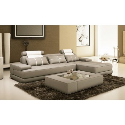 Canapé d'angle en 100% TOUT cuir italien 5 places ELIXA, gris clair et blanc, angle droit