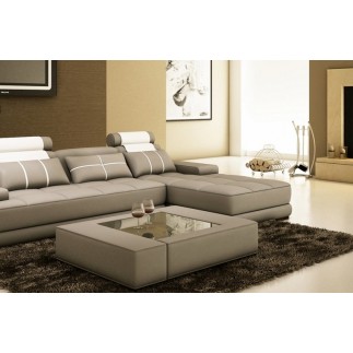 Canapé d'angle en 100% TOUT cuir italien 5 places ELIXA, gris clair et blanc, angle droit