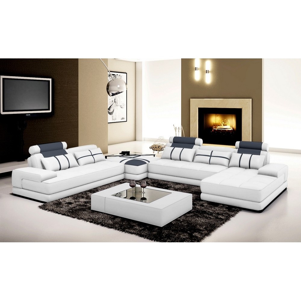 Canapé d'angle en 100% tout cuir italien luxe 8 places ROME, blanc et gris foncé, angle gauche