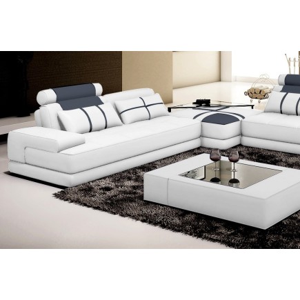 Canapé d'angle en 100% tout cuir italien luxe 8 places ROME, blanc et gris foncé, angle gauche