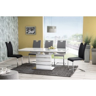 Table à manger extensible Léo, finition vernis blanc, en 160 cm extensible à 220 cm