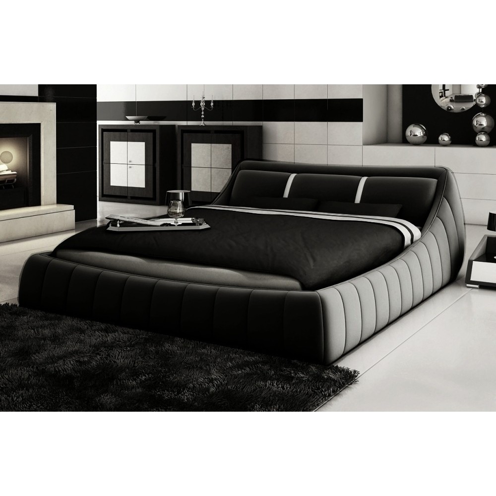 Lit en cuir italien de luxe FOSTER, noir avec 2 bandes blanches, 180x200