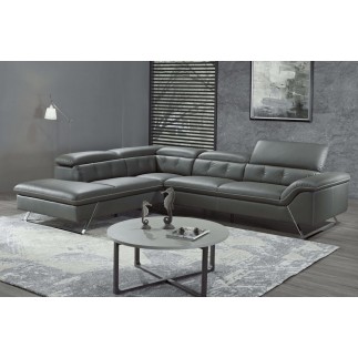 Canapé d'angle en cuir de buffle italien de luxe 5/6 places VIDA, gris foncé et surpiqure blanche, angle gauche