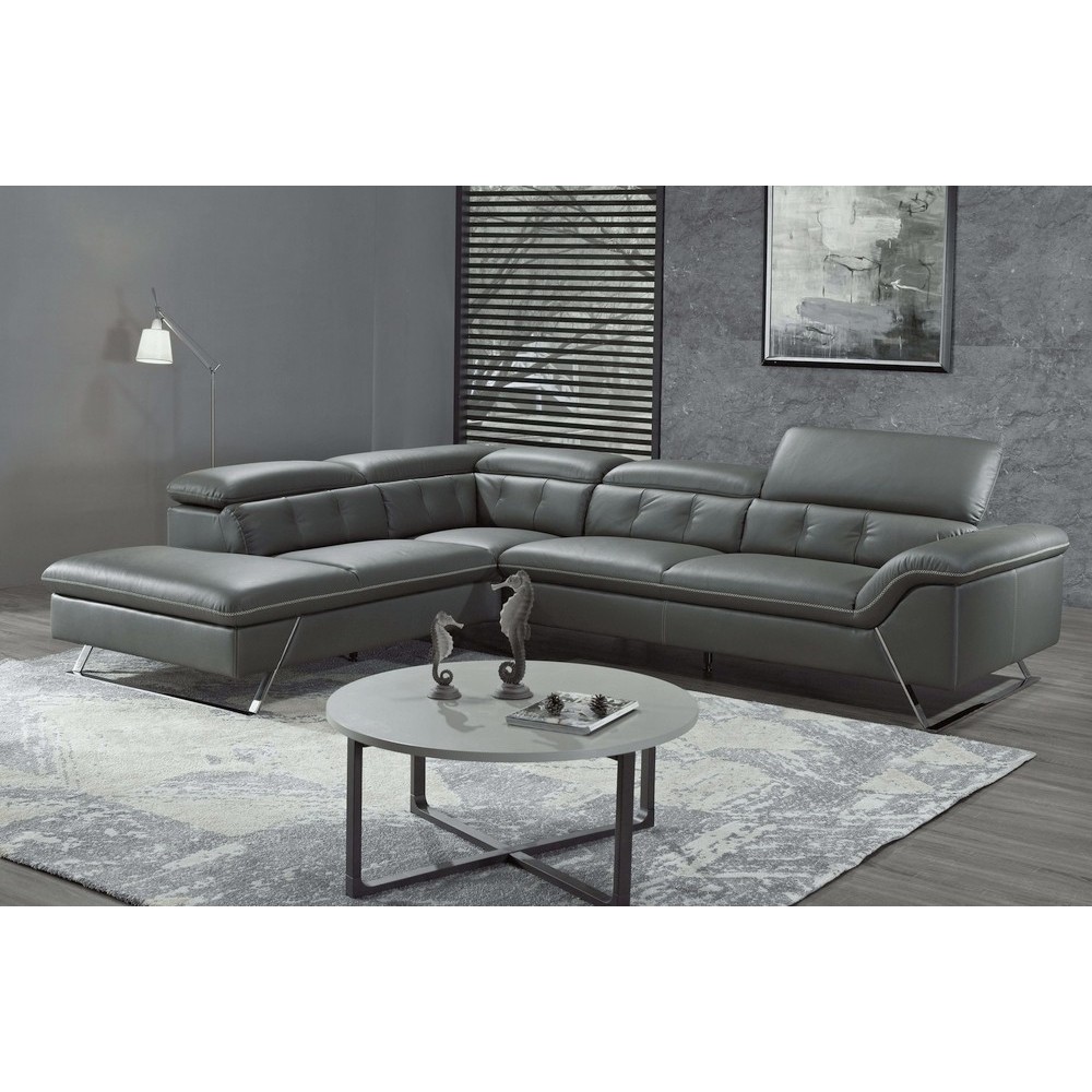 Canapé d'angle en cuir de buffle italien de luxe 5/6 places VIDA, gris foncé et surpiqure blanche, angle gauche