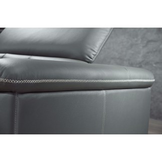Canapé d'angle en cuir de buffle italien de luxe 5/6 places VIDA, gris foncé et surpiqure blanche, angle gauche