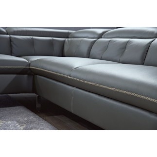Canapé d'angle en cuir de buffle italien de luxe 5/6 places VIDA, gris foncé et surpiqure blanche, angle gauche