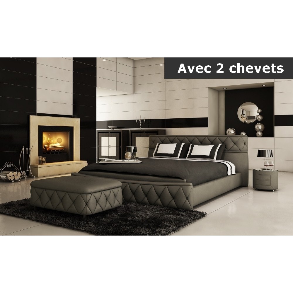 Lit en cuir italien de luxe FARNIENTE 180x200, gris foncé. Et 2 chevets DORY