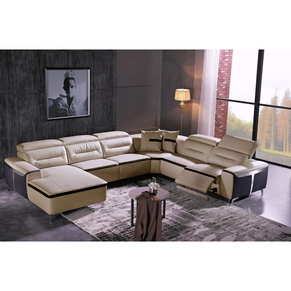 Canapé d'angle relax électrique en cuir buffle italien de luxe COMBIRELAX, beige et chocolat, angle droit, 7/8 places Canapé d'angle relax électrique en cuir buffle italien de luxe COMBIRELAX, beige et chocolat, angle droit, 7/8 places