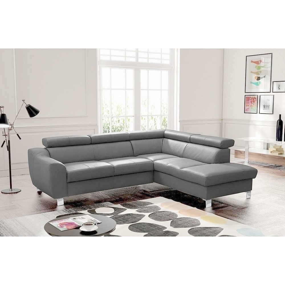 Canapé d'angle en cuir italien de luxe 5 places ASTERO, gris clair, angle droit