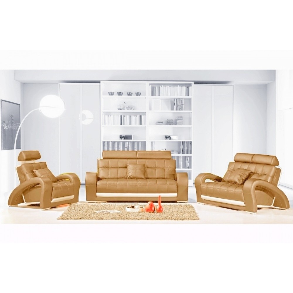 Ensemble CATANIA 3 pièces: canapé 3 places + 2 places + fauteuil en cuir luxe italien vachette, marron et écru