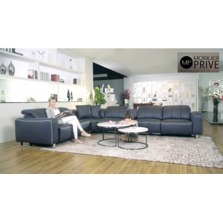 Canapé d'angle relax en cuir de buffle italien de luxe avec 2 relax électriques, 7/8 places, MONTE CARLO, gris foncé et surpiqur