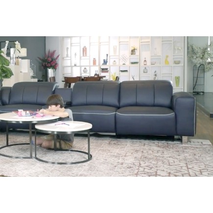 Canapé d'angle relax en cuir de buffle italien de luxe avec 2 relax électriques, 7/8 places, MONTE CARLO, gris foncé et surpiqur
