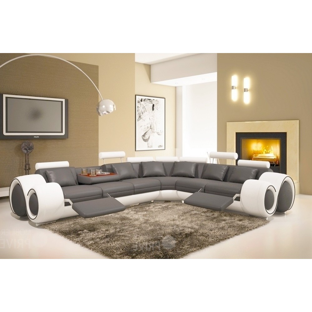Canapé d'angle en cuir italien : 5/6 places PETIT EXCELIA, gris foncé et blanc, angle droit