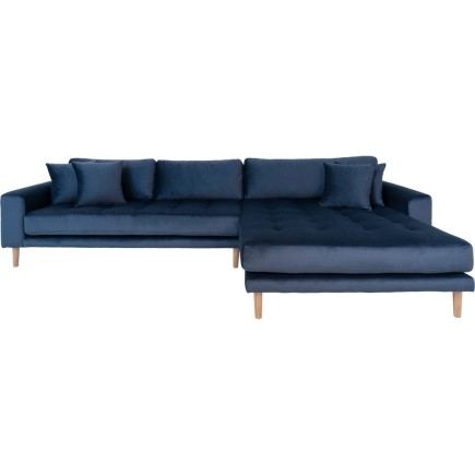 Canapé d'angle en tissu velours de qualité, LIMA VELOURS, coloris bleu foncé, angle droit