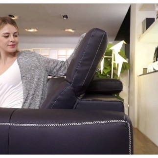 Canapé droit 5 places en cuir de buffle italien de luxe, avec 2 relax électriques, PLAZZA, noir et liseret noir