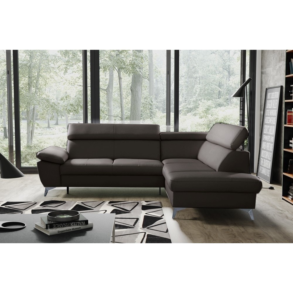 Canapé d'angle convertible en cuir italien de luxe 5 places WARREN II, avec coffre, chocolat, angle droit