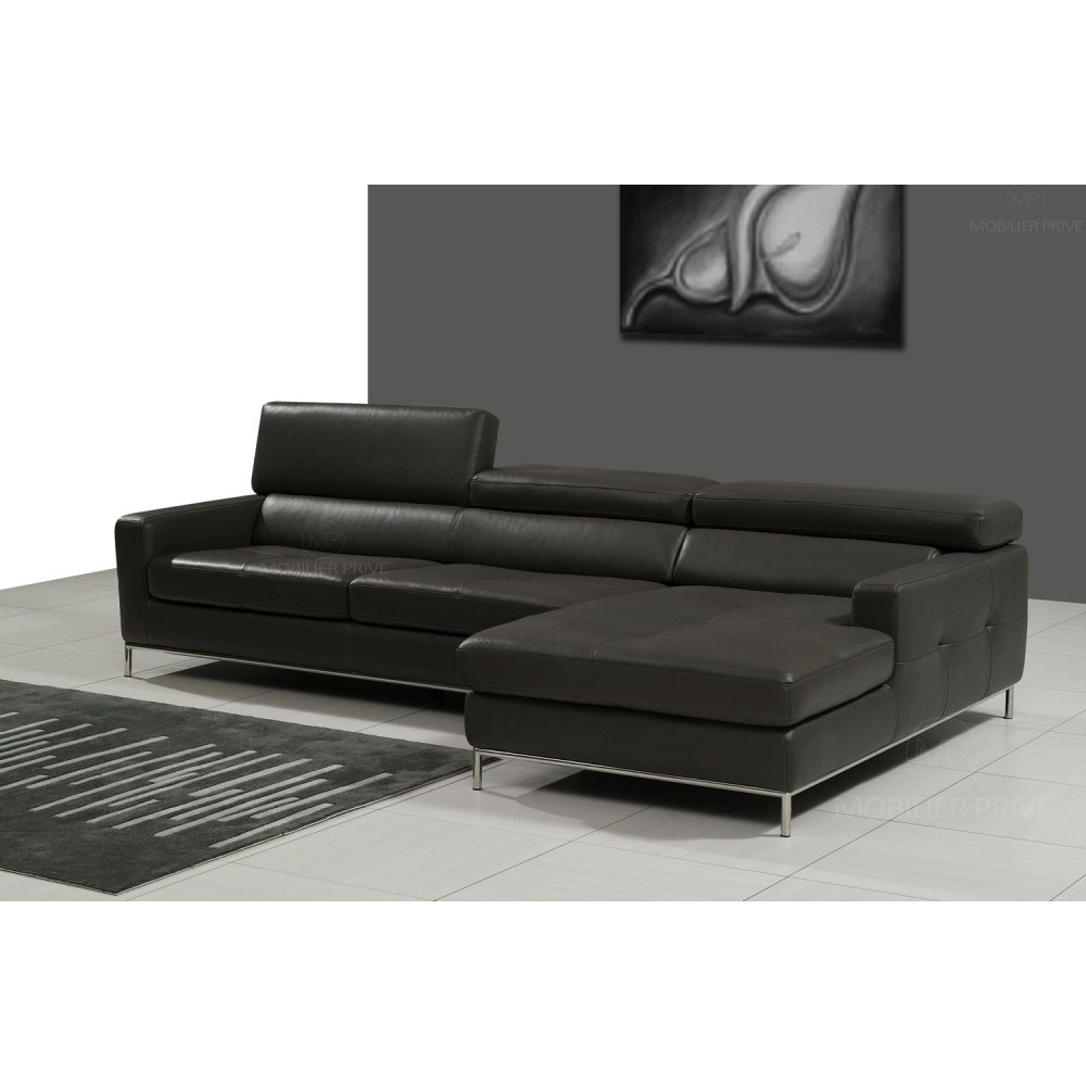 Canapé d'angle en cuir italien 4/5 places YVANA, noir, angle droit