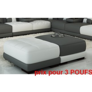 Ensemble de 3 poufs en cuir italien ELIXIR, gris foncé et blanc