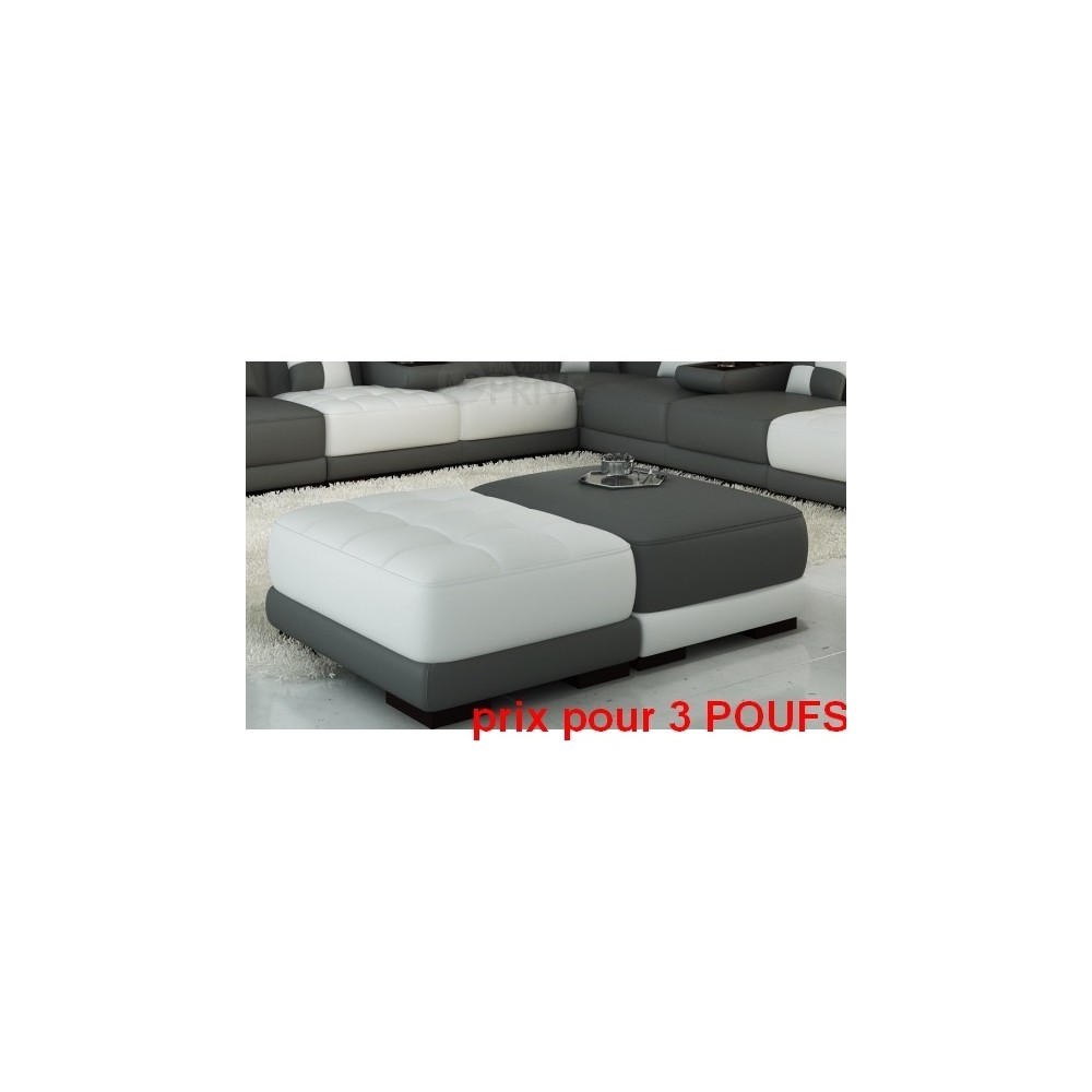 Ensemble de 3 poufs en cuir italien ELIXIR, gris foncé et blanc
