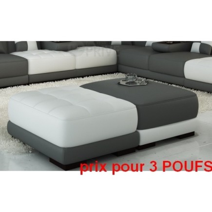 Ensemble de 3 poufs en cuir italien ELIXIR, gris foncé et blanc
