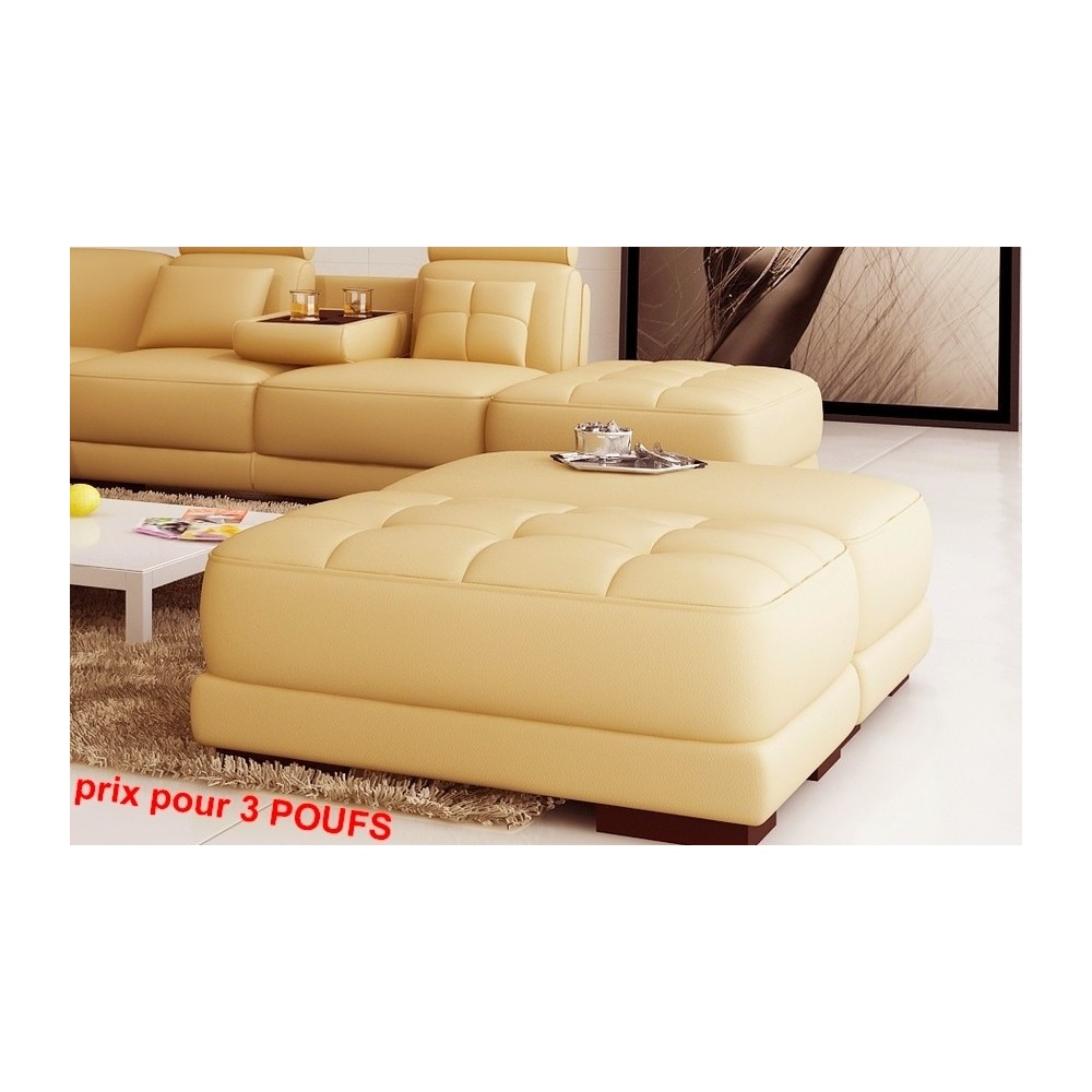 Ensemble de 3 poufs en cuir italien ELIXIR, beige