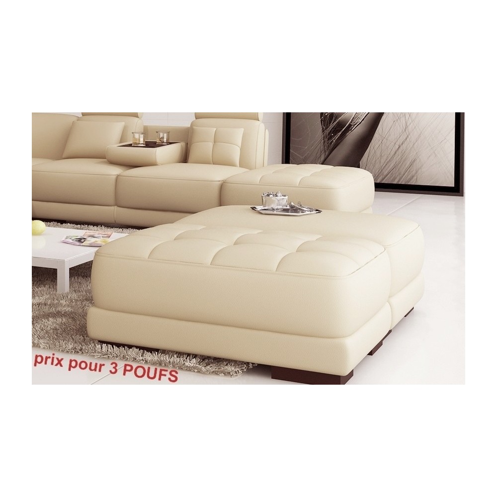 Ensemble de 3 poufs en cuir italien ELIXIR, écru