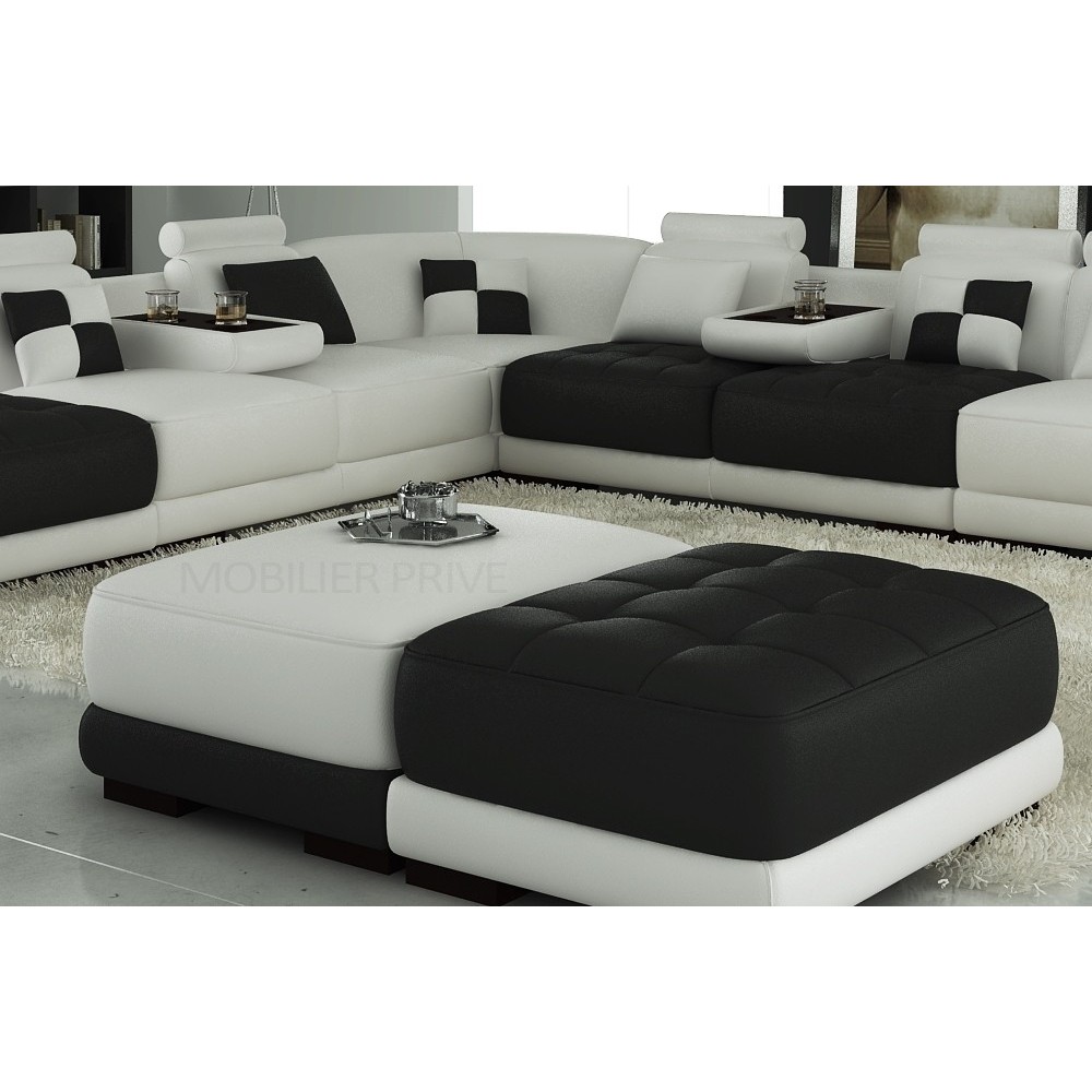 Ensemble de 3 poufs en cuir italien ELIXIR, blanc et noir