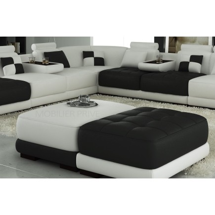 Ensemble de 3 poufs en cuir italien ELIXIR, blanc et noir