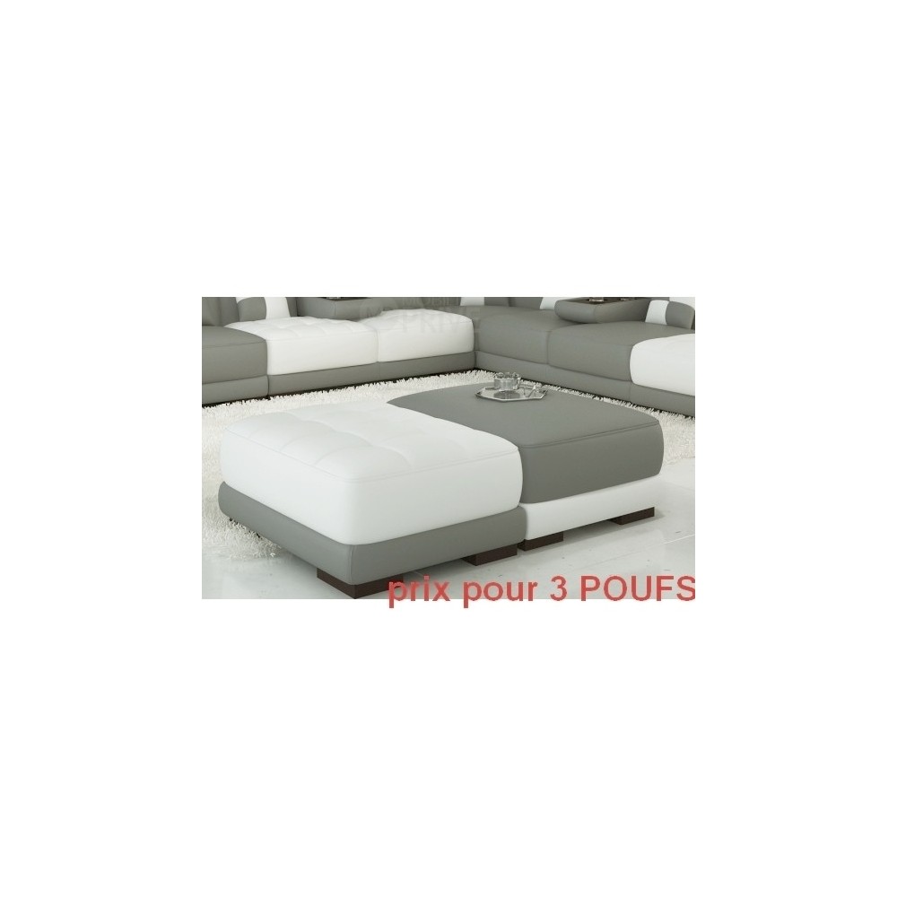 Ensemble de 3 poufs en cuir italien ELIXIR, gris clair et blanc