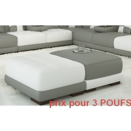 Ensemble de 3 poufs en cuir italien ELIXIR, gris clair et blanc