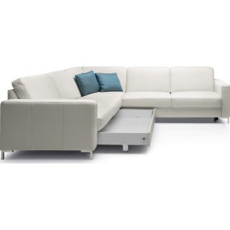 - Canapé d'angle convertible en 100% tout cuir italien de luxe 5/6 places BASTIDE, blanc cassé, angle gauche