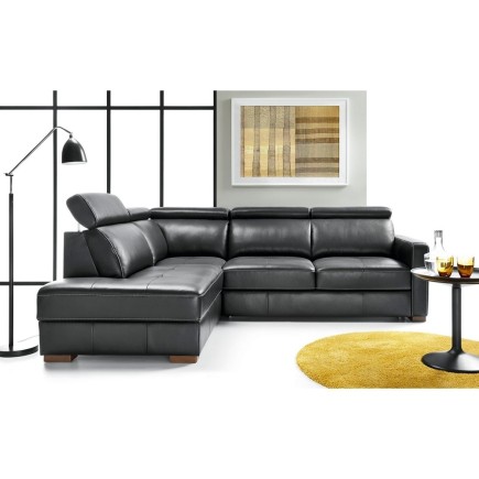 - Canapé d'angle convertible en 100% tout cuir italien de luxe 5 places ERNEST, noir mat, angle gauche