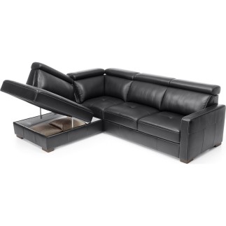 - Canapé d'angle convertible en 100% tout cuir italien de luxe 5 places ERNEST, noir mat, angle gauche