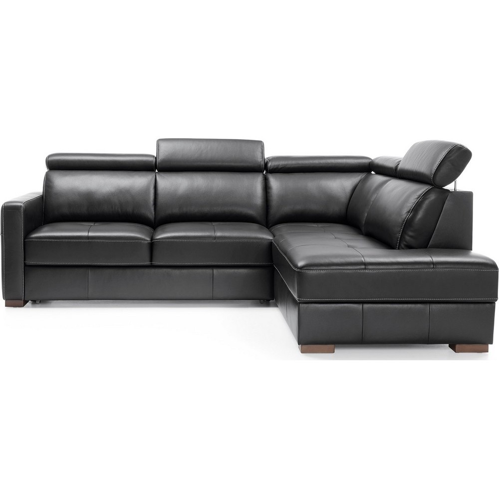 Canapé d'angle convertible en 100% tout cuir italien de luxe 5 places ERNEST, noir mat, angle droit