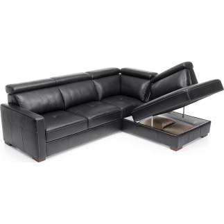 Canapé d'angle convertible en 100% tout cuir italien de luxe 5 places ERNEST, noir mat, angle droit