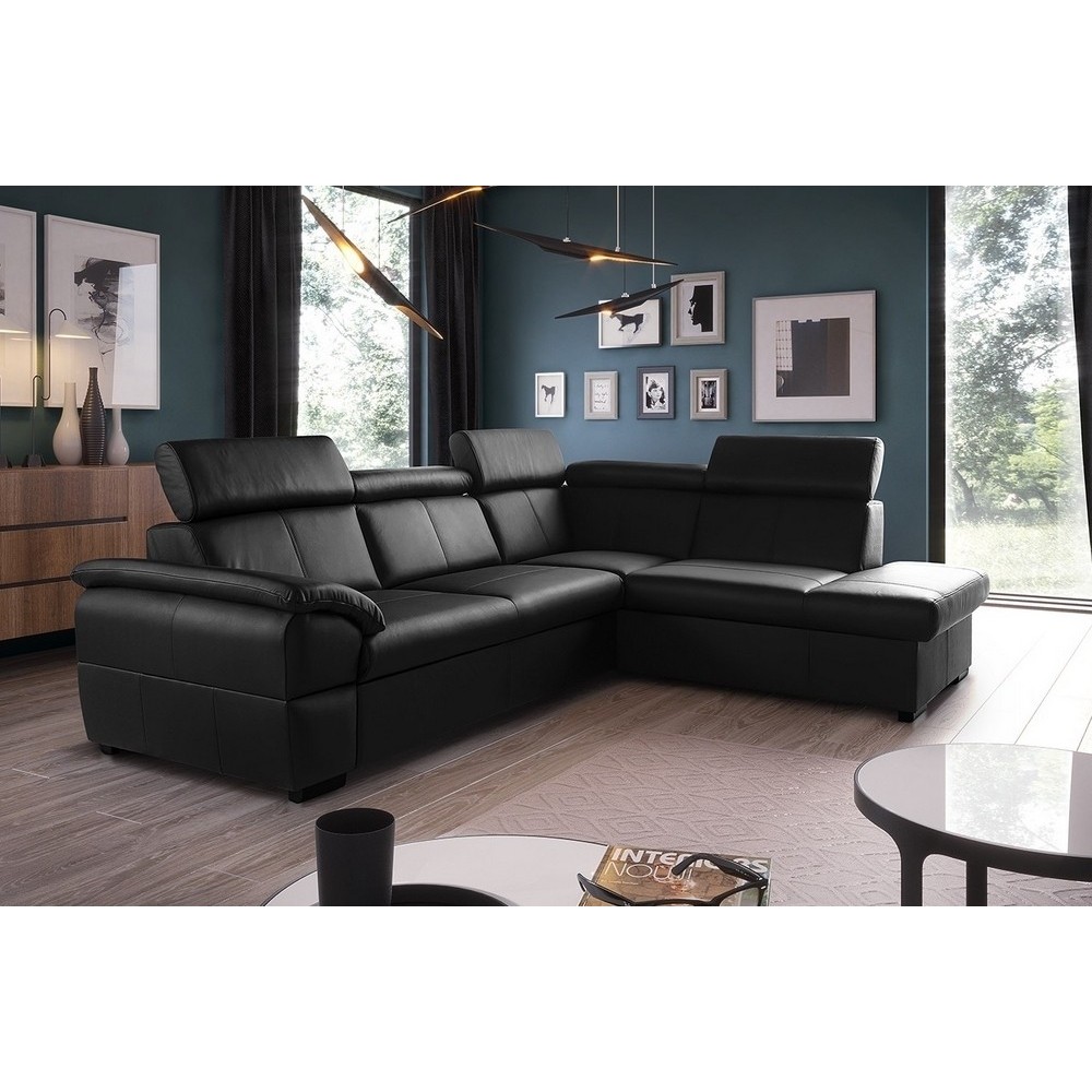 Canapé d'angle en cuir italien de luxe 5/6 places TONUS, noir, angle droit