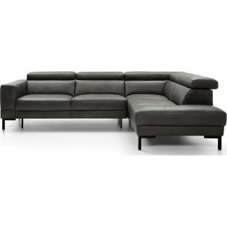 Canapé d'angle en 100% tout cuir italien de luxe 5/6 places NAYA, assise électrique qui coulisse, gris foncé, angle droit