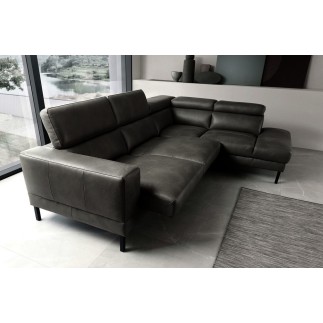 Canapé d'angle en 100% tout cuir italien de luxe 5/6 places NAYA, assise électrique qui coulisse, gris foncé, angle droit