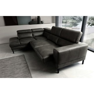 - Canapé d'angle en 100% tout cuir italien de luxe 5/6 places NAYA, assise électrique qui coulisse, gris foncé, angle gauche