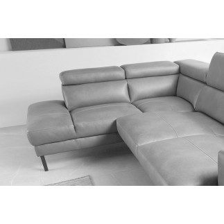 - Canapé d'angle en 100% tout cuir italien de luxe 5/6 places NAYA, assise électrique qui coulisse, gris clair, angle gauche