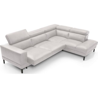 Canapé d'angle en 100% tout cuir italien de luxe 5/6 places NAYA, assise électrique qui coulisse, blanc, angle droit