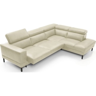Canapé d'angle en 100% tout cuir italien de luxe 5/6 places NAYA, assise électrique qui coulisse, écru, angle droit