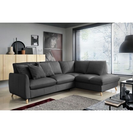 Canapé d'angle en 100% tout cuir italien de luxe 5 places, convertible et avec coffre, NILSEN, gris foncé, angle droit
