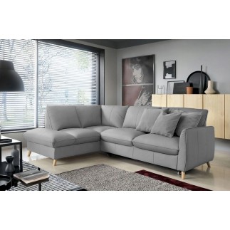 Canapé d'angle en 100% tout cuir italien de luxe 5 places, convertible et avec coffre, NILSEN, gris clair, angle gauche