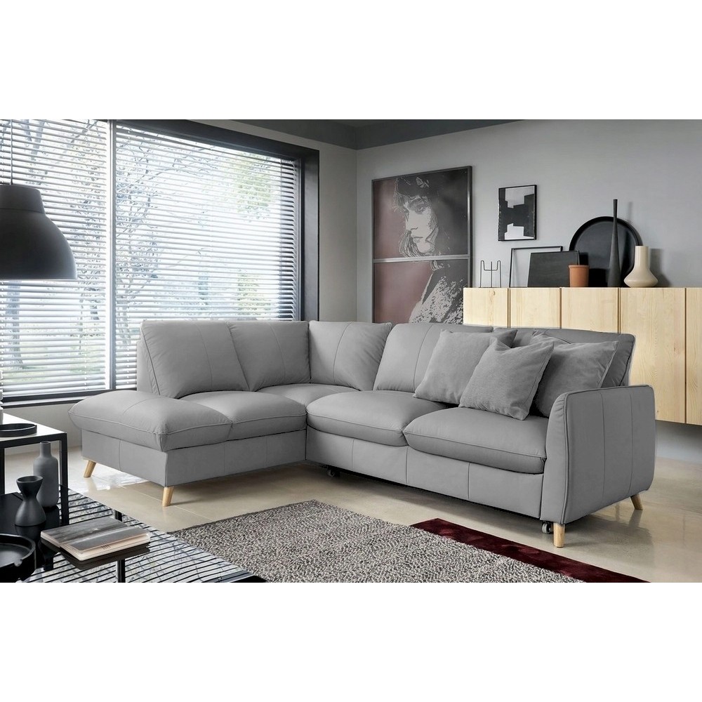 Canapé d'angle en 100% tout cuir italien de luxe 5 places, convertible et avec coffre, NILSEN, gris clair, angle gauche